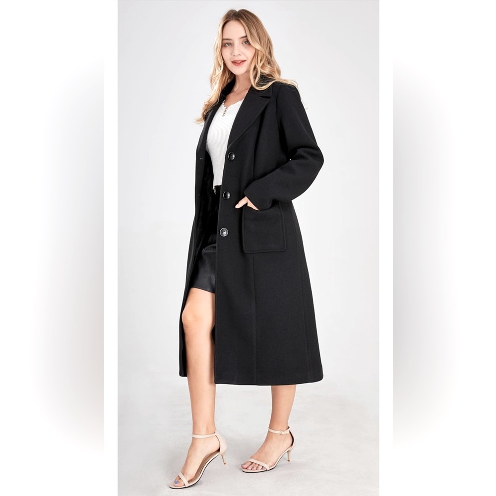 NWOT Women's Big Notch Lapel Single Breasted Mid-Long Wool Blend Coat, Size XL